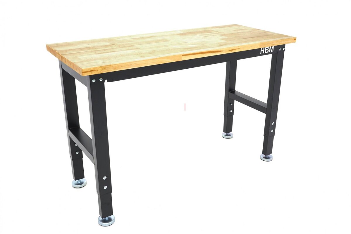 HBM arbeidsbenk med massiv treplate, høydejusterbar, 122 cm 