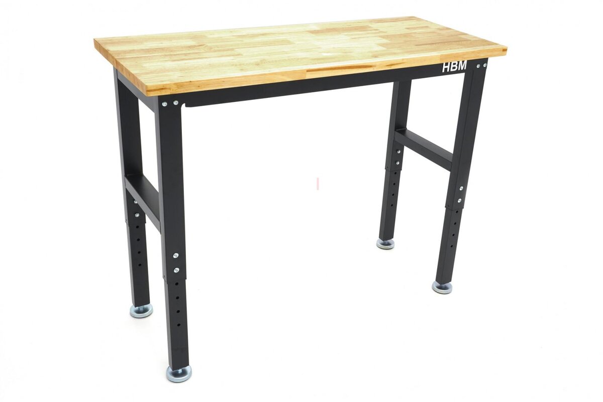 HBM arbeidsbenk med massiv treplate, høydejusterbar, 122 cm 