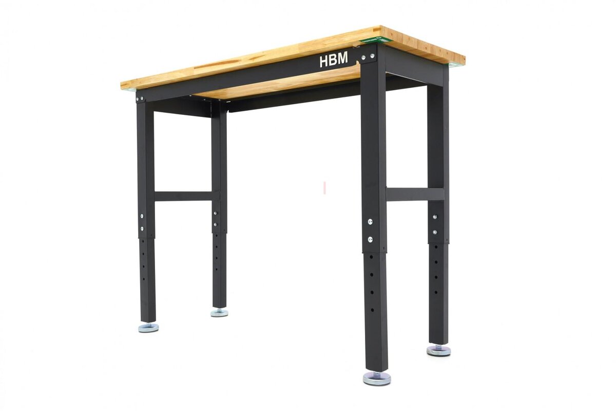 HBM arbeidsbenk med massiv treplate, høydejusterbar, 122 cm 