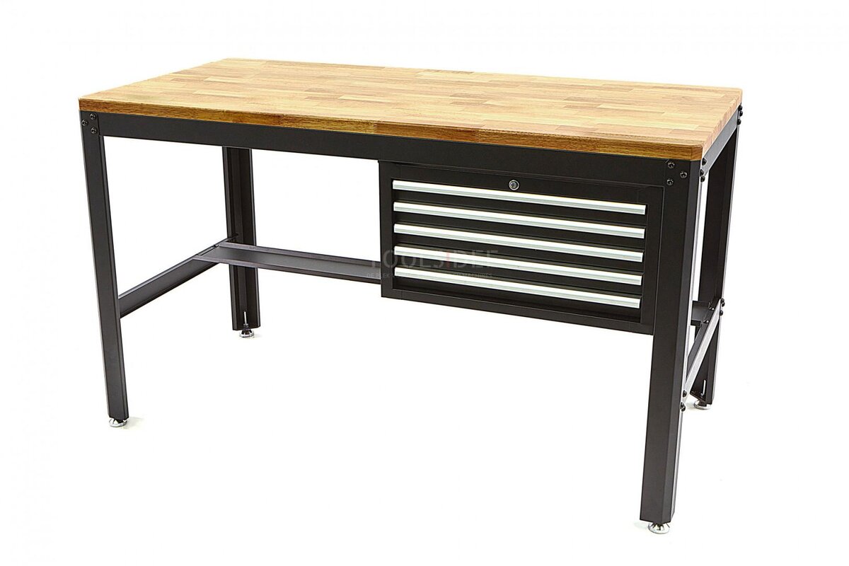 HBM 156 cm Professionelt arbejdsbord med 5 skuffer og sort træbordplade 