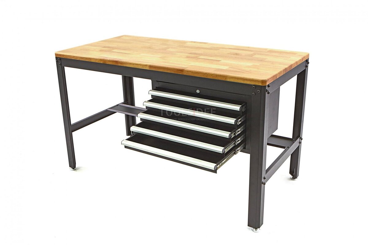 HBM 156 cm Professionelt arbejdsbord med 5 skuffer og sort træbordplade 