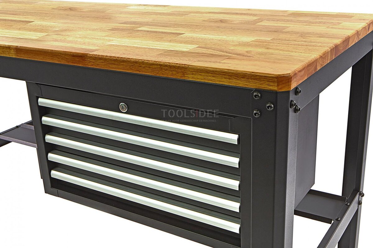 HBM 156 cm Professionelt arbejdsbord med 5 skuffer og sort træbordplade 