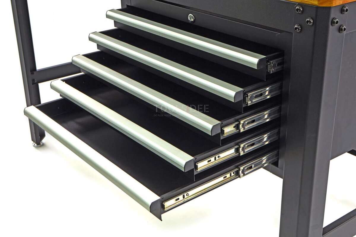 HBM 156 cm Professionelt arbejdsbord med 5 skuffer og sort træbordplade 