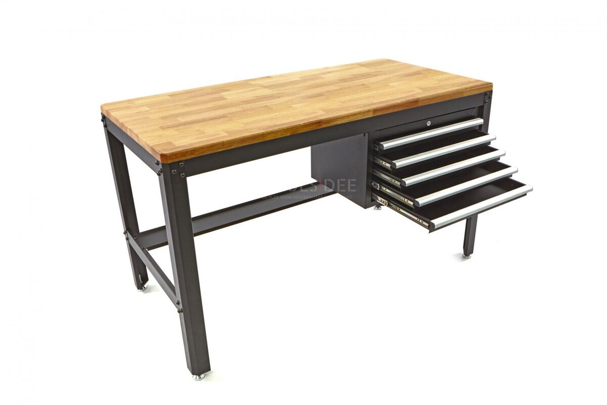 HBM 156 cm Professionelt arbejdsbord med 5 skuffer og sort træbordplade 