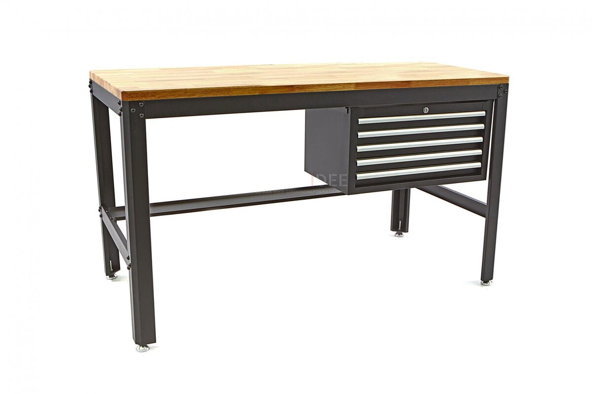 HBM 156 cm Professionelt arbejdsbord med 5 skuffer og sort træbordplade 