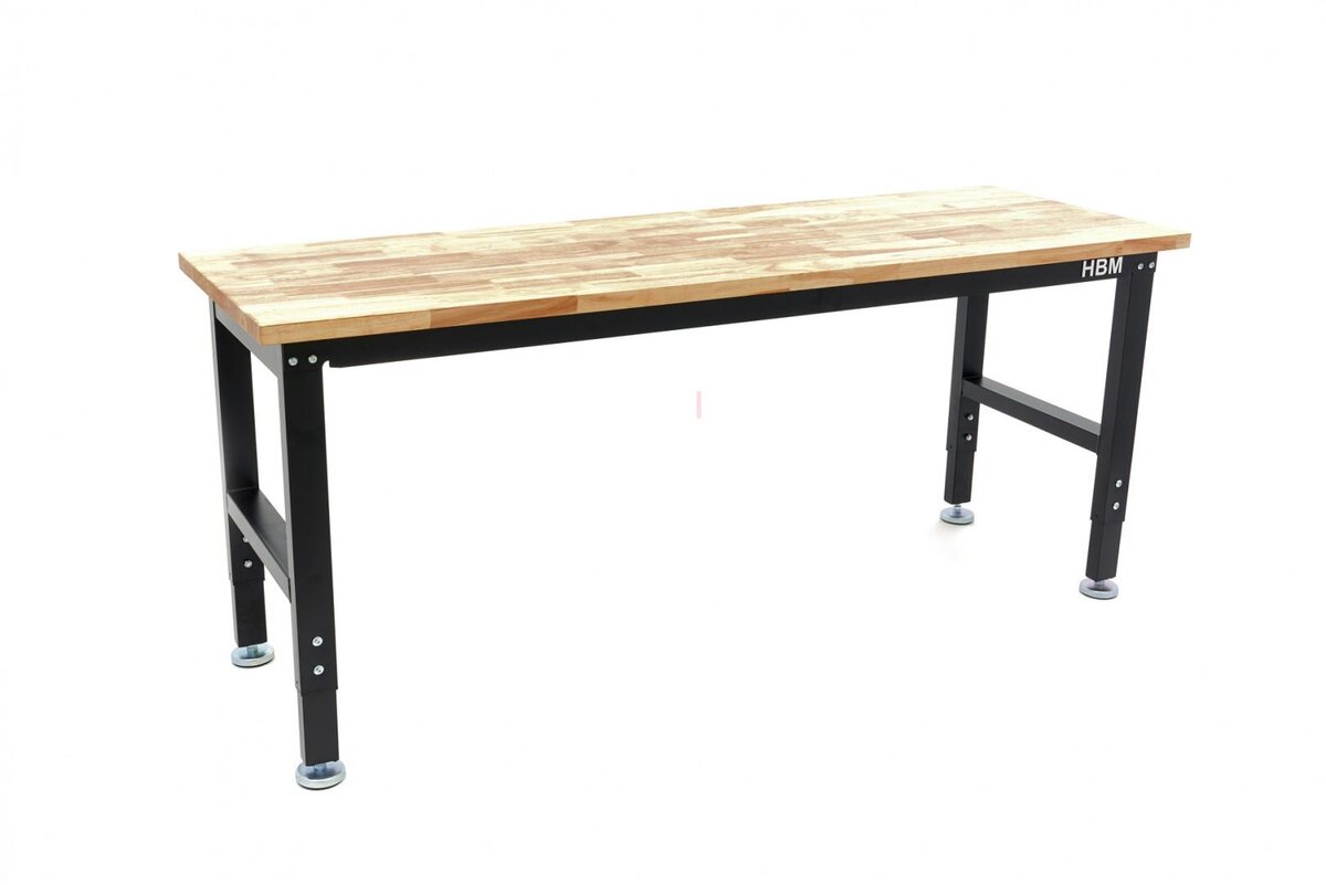 HBM arbeidsbenk med massiv treplate, høydejusterbar, 182 cm 