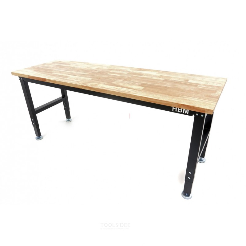 HBM arbejdsbord med massiv træplade, højdejusterbar, 182 cm 