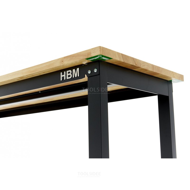 HBM workbench with solid wooden top, height adjustable, 182 cm 