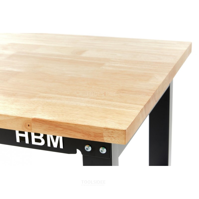 Banco de trabajo HBM con tablero de madera maciza, regulable en altura, 182 cm 