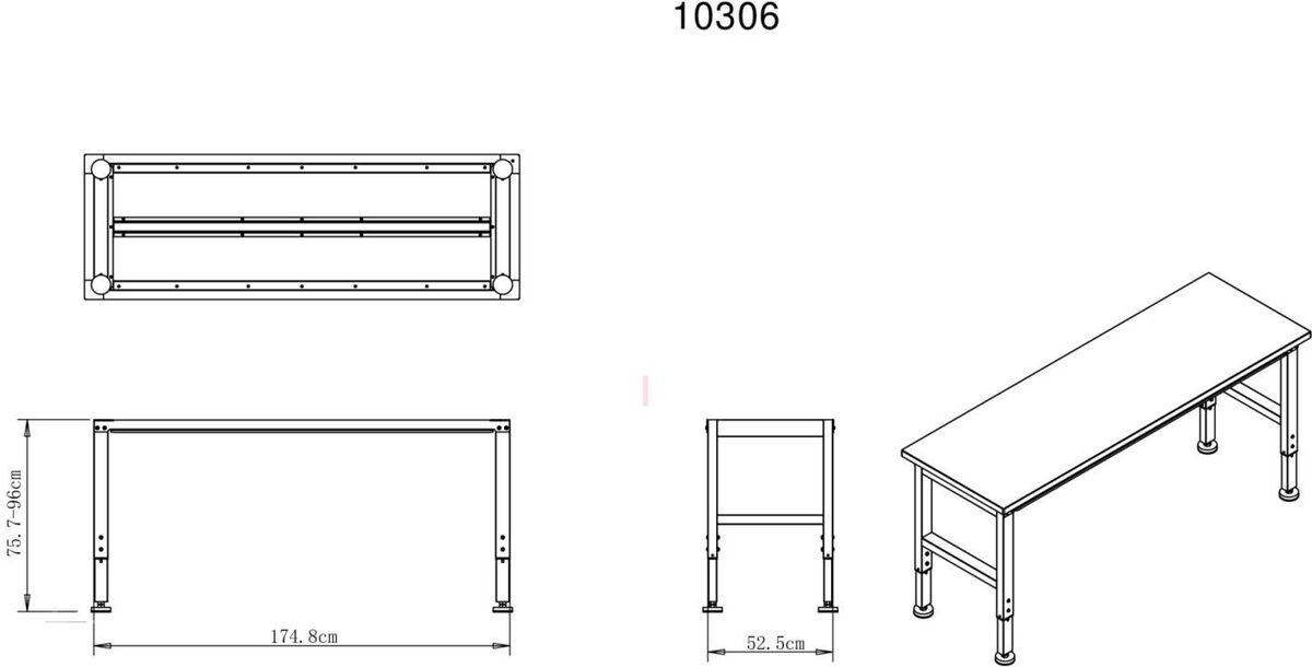 HBM arbeidsbenk med massiv treplate, høydejusterbar, 182 cm 
