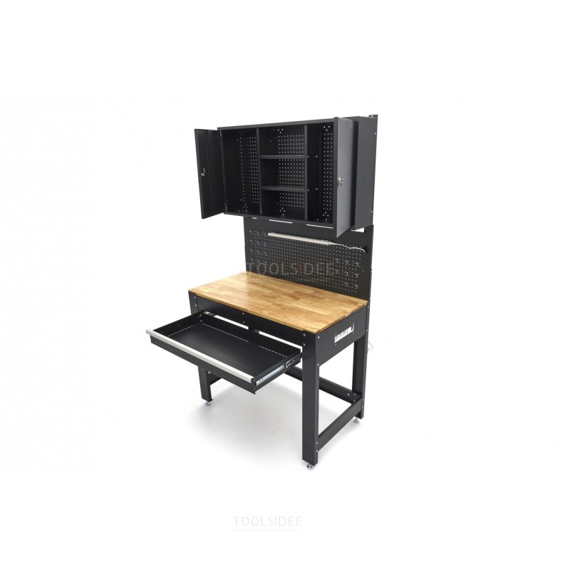 HBM 115 cm. Arbejdsbord med træbordplade, bagvæg med skabsvæg, LED-belysning, strømskinne 