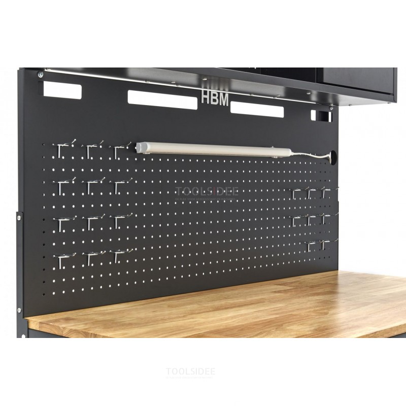 HBM 115 cm. Workbench with wooden worktop, back wall with cupboard wall, LED lighting, power strip 