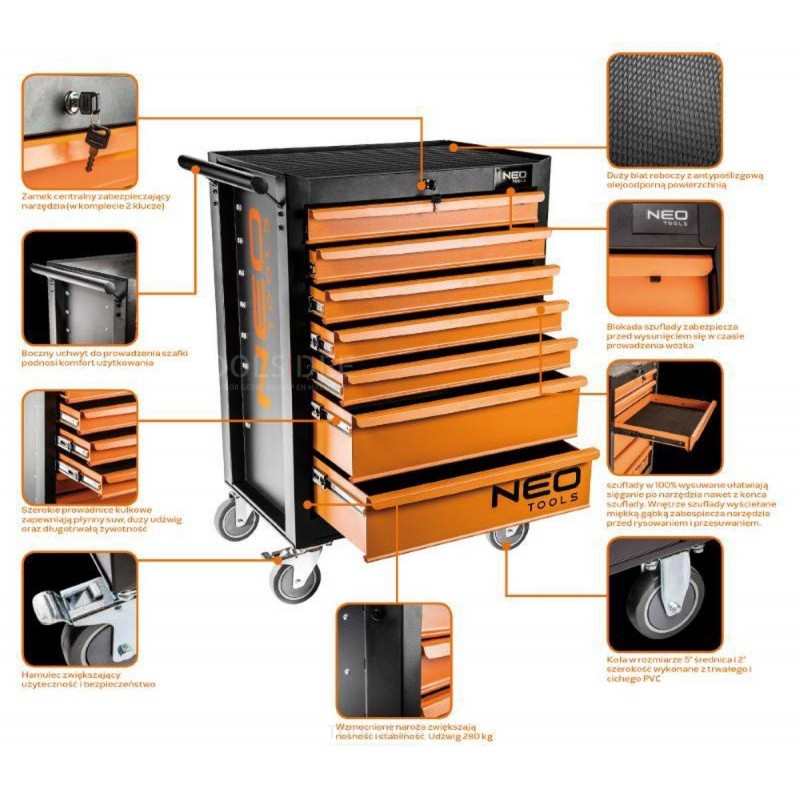 NEO Werkzeugwagen 7 Schubladen, gefüllt 129 Teile