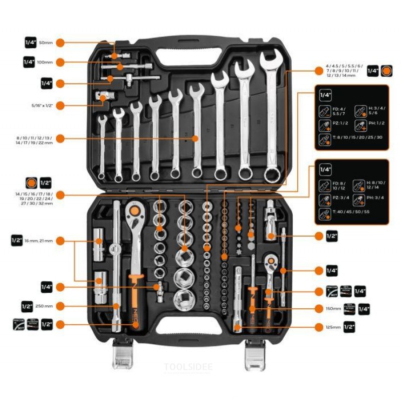 NEO socket set 82 pieces, 1/2 and 1/4