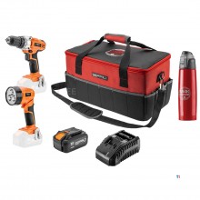NEO Cordless drill promotion set 18Volt with 1x18V 4Ah battery, charger, flashlight, tool bag and thermo flask