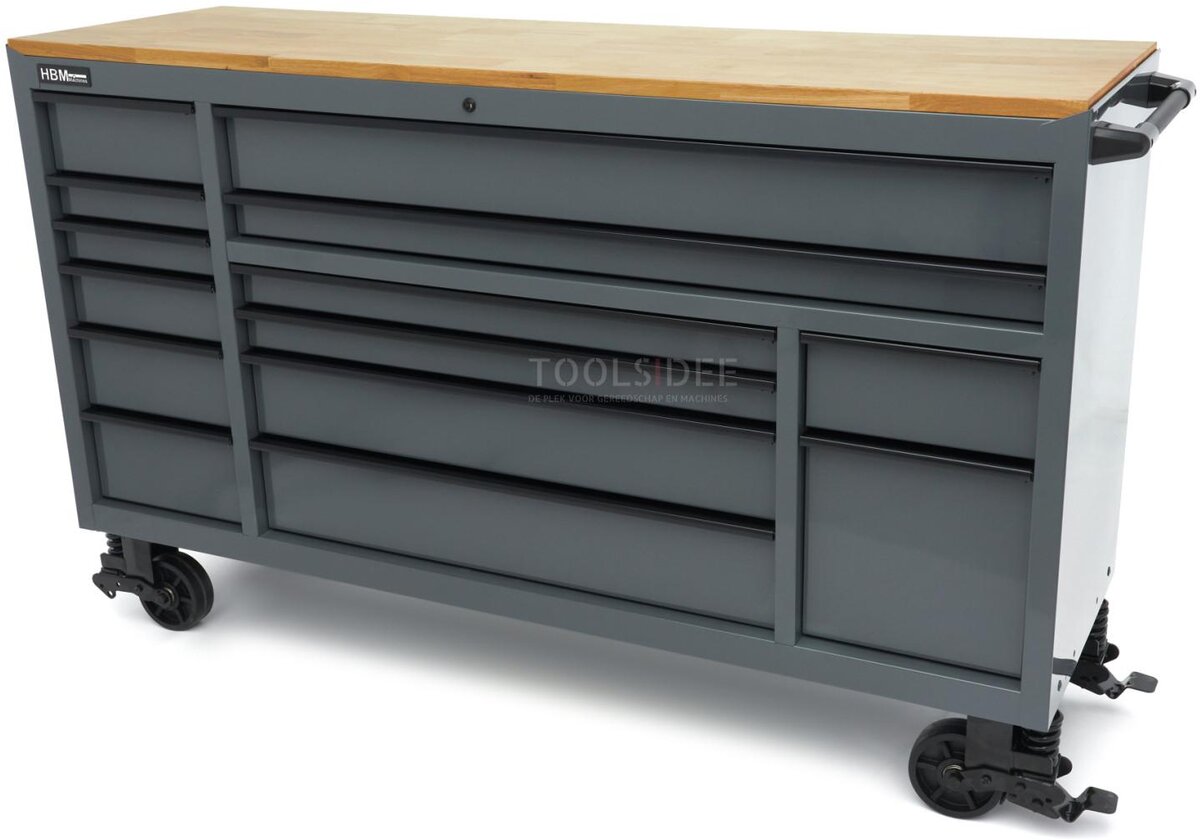 HBM verktøyvogn, 14 skuffer, 182 cm, grå 