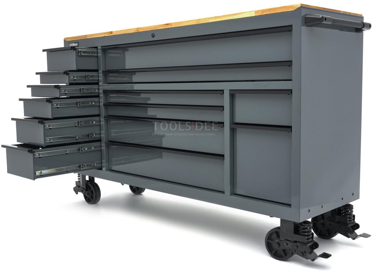 HBM verktøyvogn, 14 skuffer, 182 cm, grå 