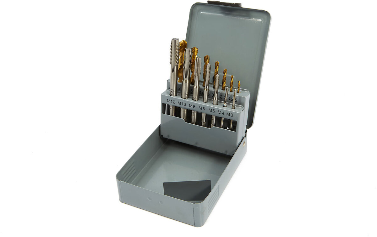 HBM 7-piece tin-coated machine tap set m3-12 including matching drills