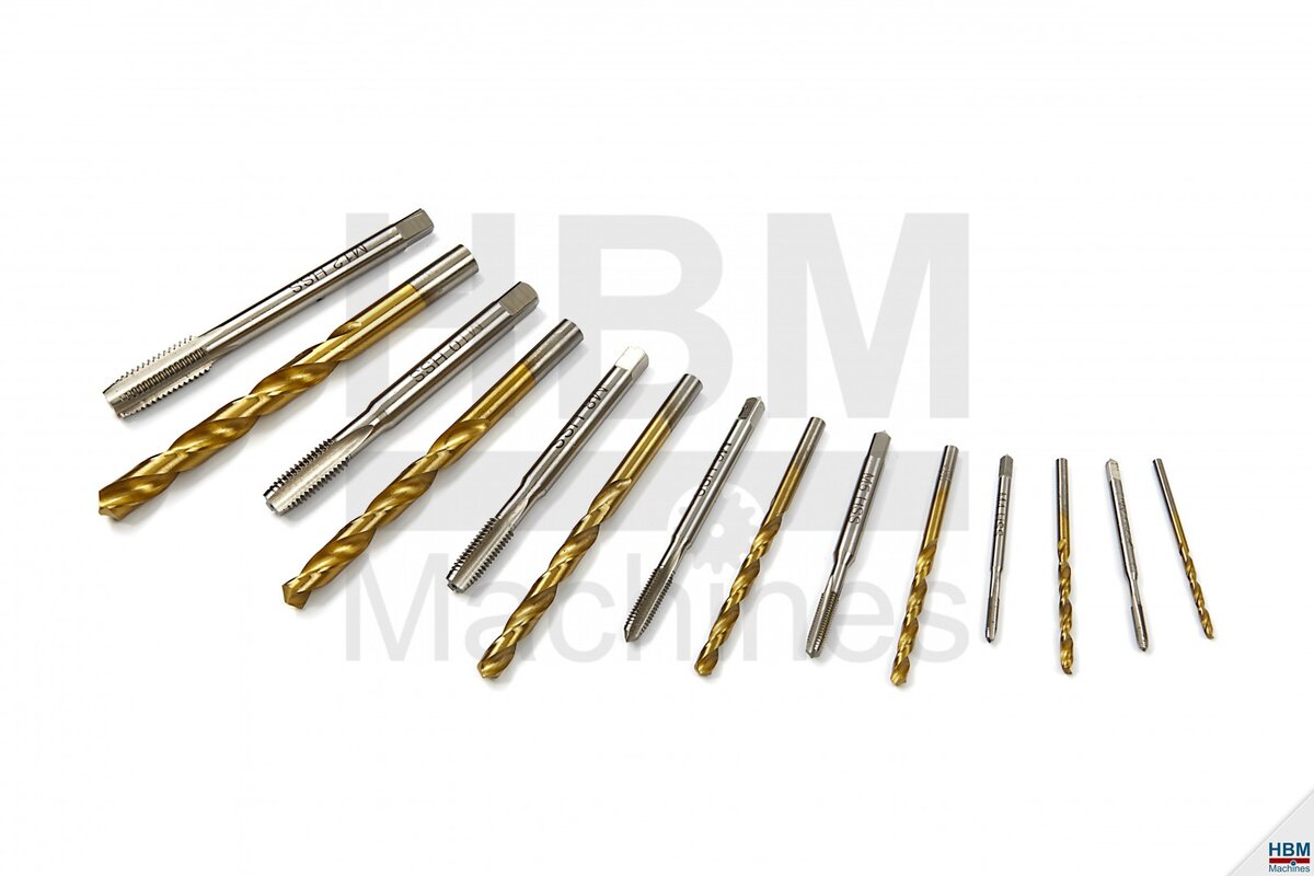HBM 7-piece tin-coated machine tap set m3-12 including matching drills