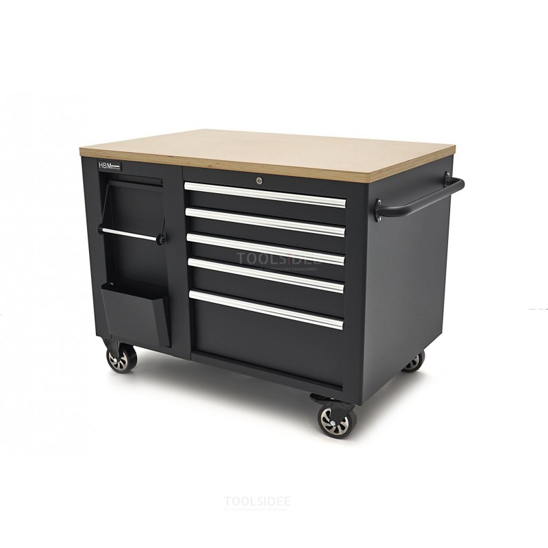 HBM mobile tool trolley, workbench 114 cm with wooden worktop, black HBM mobile tool trolley, workbench 114 cm with wooden worktop, black