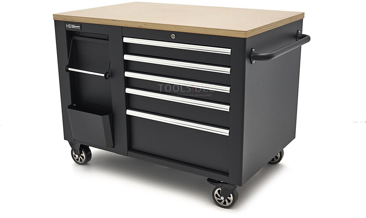 HBM mobile tool trolley, workbench 114 cm with wooden worktop, black HBM mobile tool trolley, workbench 114 cm with wooden worktop, black