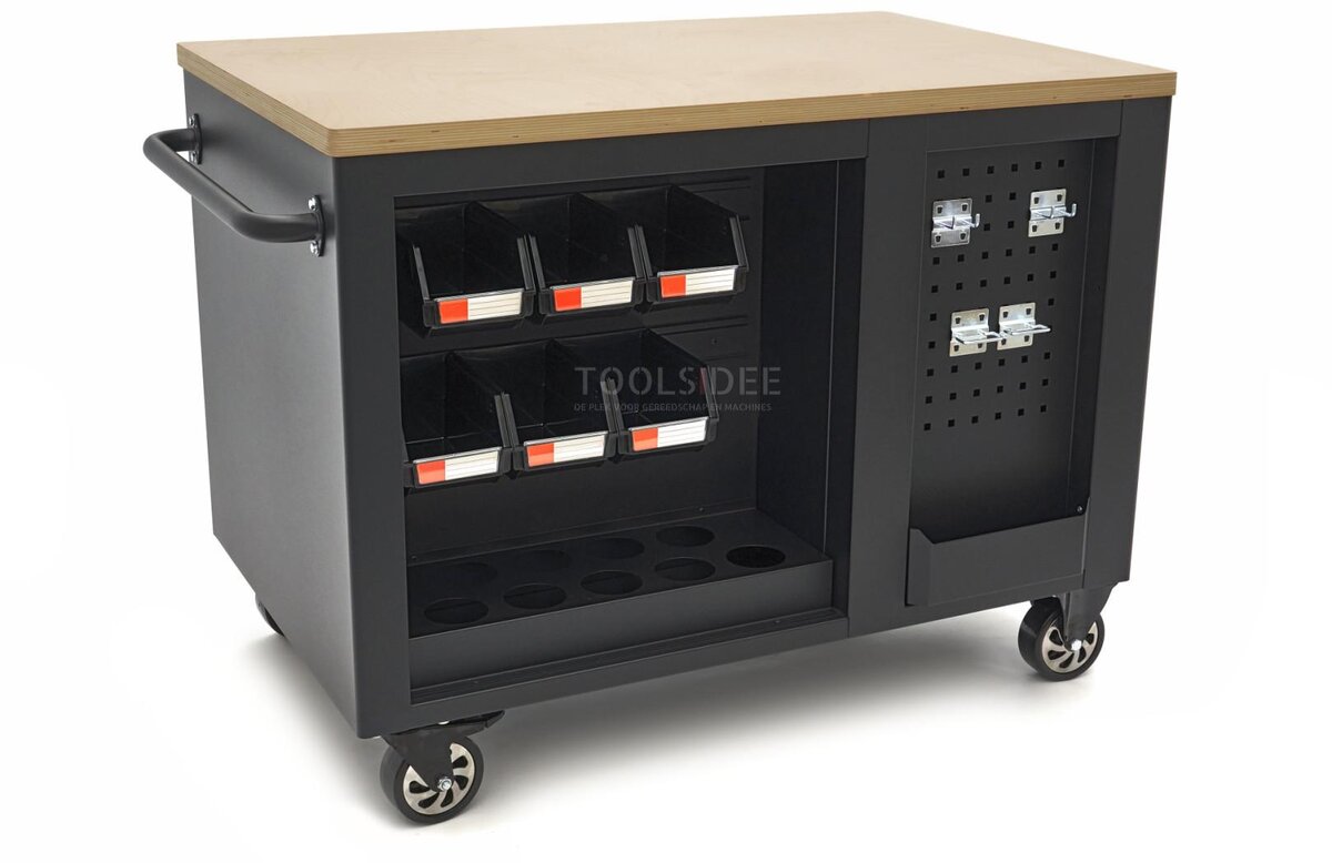 HBM mobile tool trolley, workbench 114 cm with wooden worktop, black HBM mobile tool trolley, workbench 114 cm with wooden worktop, black