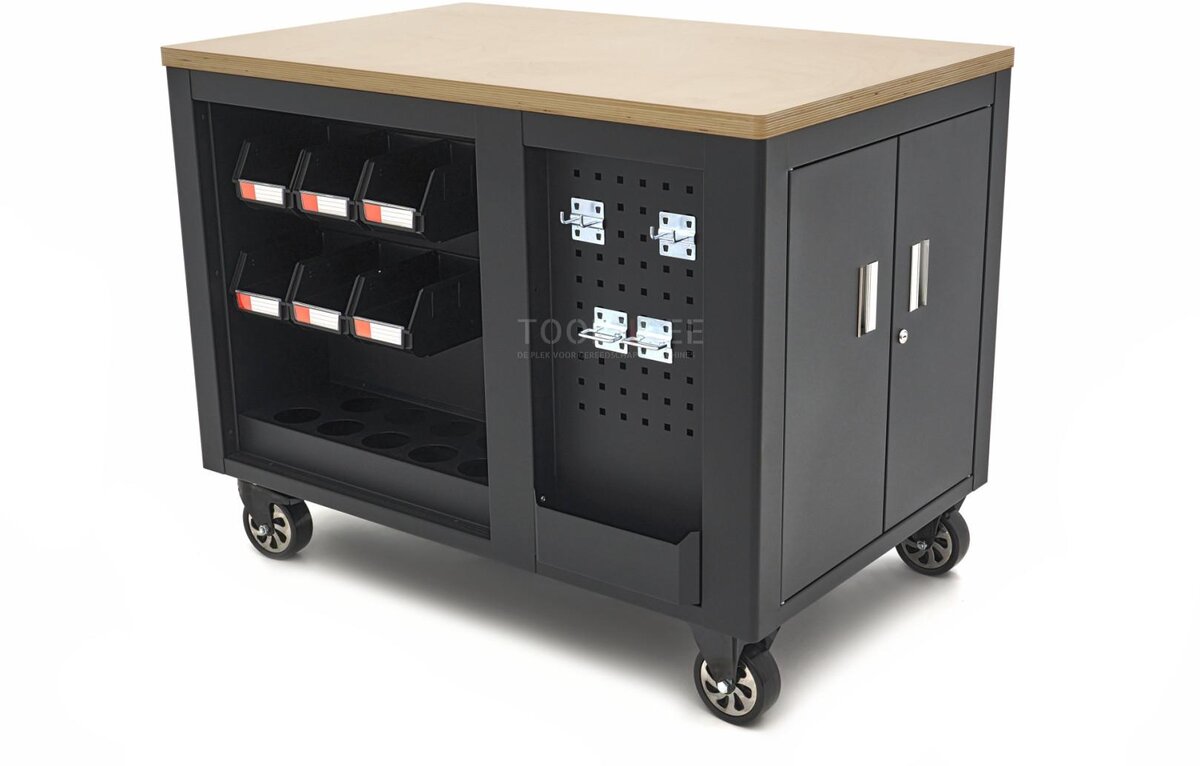 HBM mobile tool trolley, workbench 114 cm with wooden worktop, black HBM mobile tool trolley, workbench 114 cm with wooden worktop, black