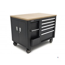 HBM mobile tool trolley, workbench 114 cm with wooden worktop, black HBM mobile tool trolley, workbench 114 cm with wooden worktop, black