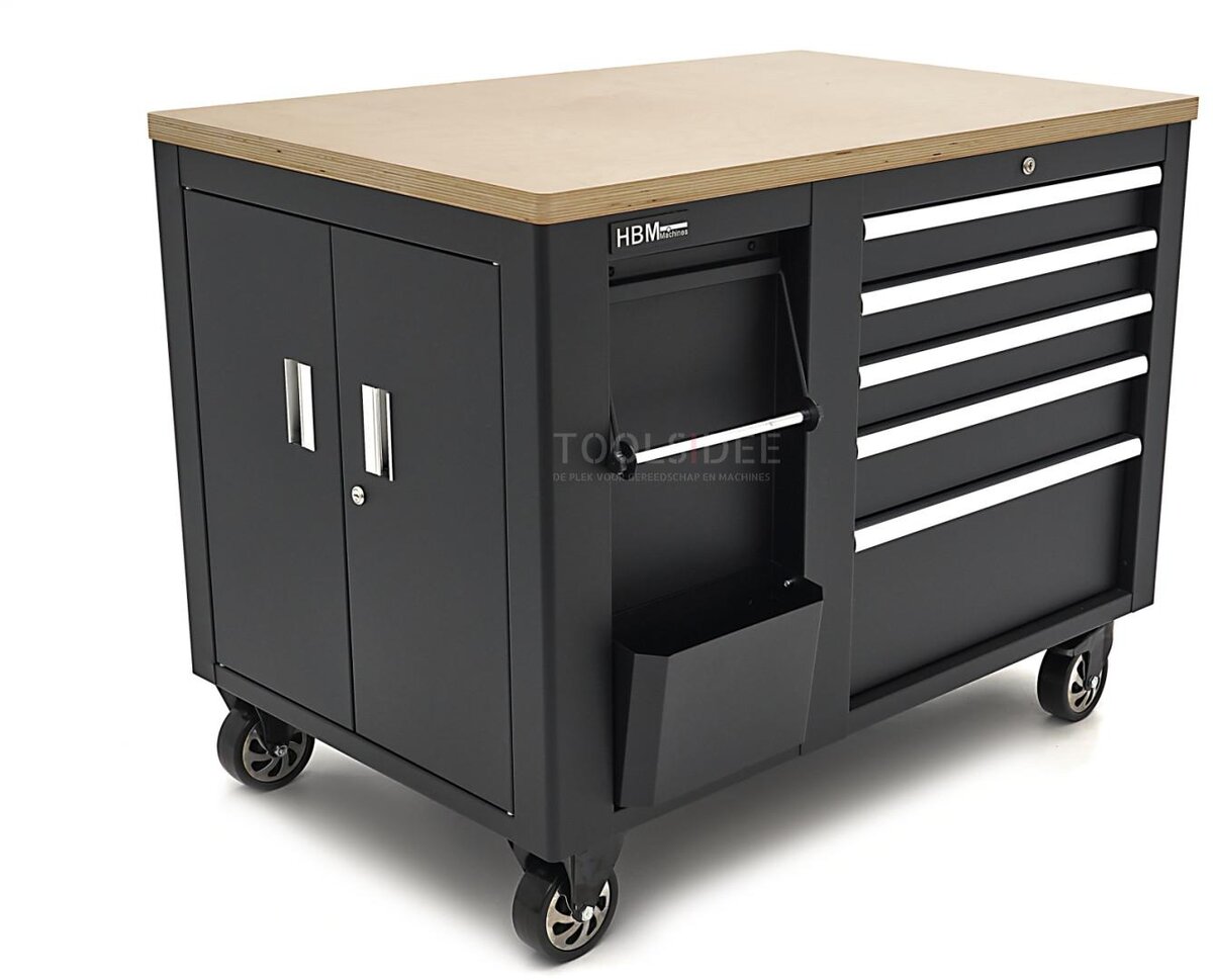 HBM mobile tool trolley, workbench 114 cm with wooden worktop, black HBM mobile tool trolley, workbench 114 cm with wooden worktop, black