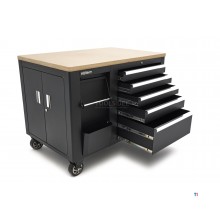 HBM mobile tool trolley, workbench 114 cm with wooden worktop, black HBM mobile tool trolley, workbench 114 cm with wooden worktop, black