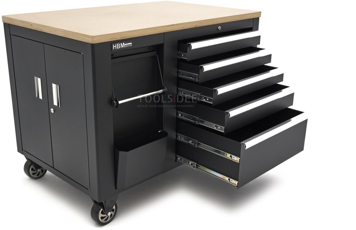 HBM mobile tool trolley, workbench 114 cm with wooden worktop, black HBM mobile tool trolley, workbench 114 cm with wooden worktop, black