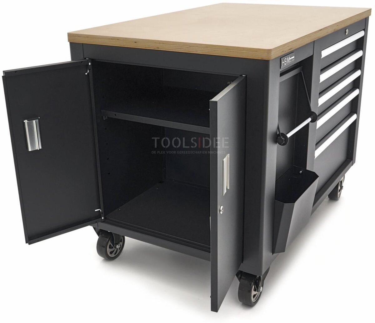 HBM mobile tool trolley, workbench 114 cm with wooden worktop, black HBM mobile tool trolley, workbench 114 cm with wooden worktop, black