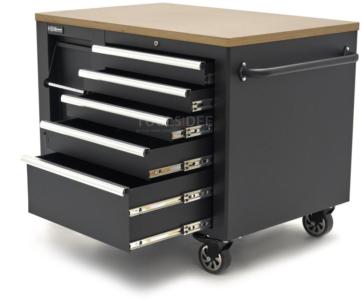 HBM mobile tool trolley, workbench 114 cm with wooden worktop, black HBM mobile tool trolley, workbench 114 cm with wooden worktop, black