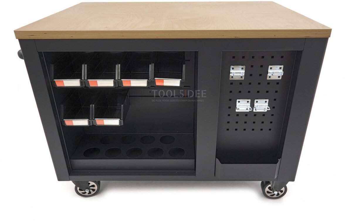 HBM mobile tool trolley, workbench 114 cm with wooden worktop, black HBM mobile tool trolley, workbench 114 cm with wooden worktop, black