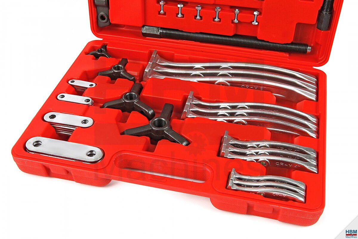 HBM 72 piece 2 and 3 arm pulley puller set 75/100/150/200 mm. HBM 72 piece 2 and 3 arm pulley puller set 75/100/150/200 mm.