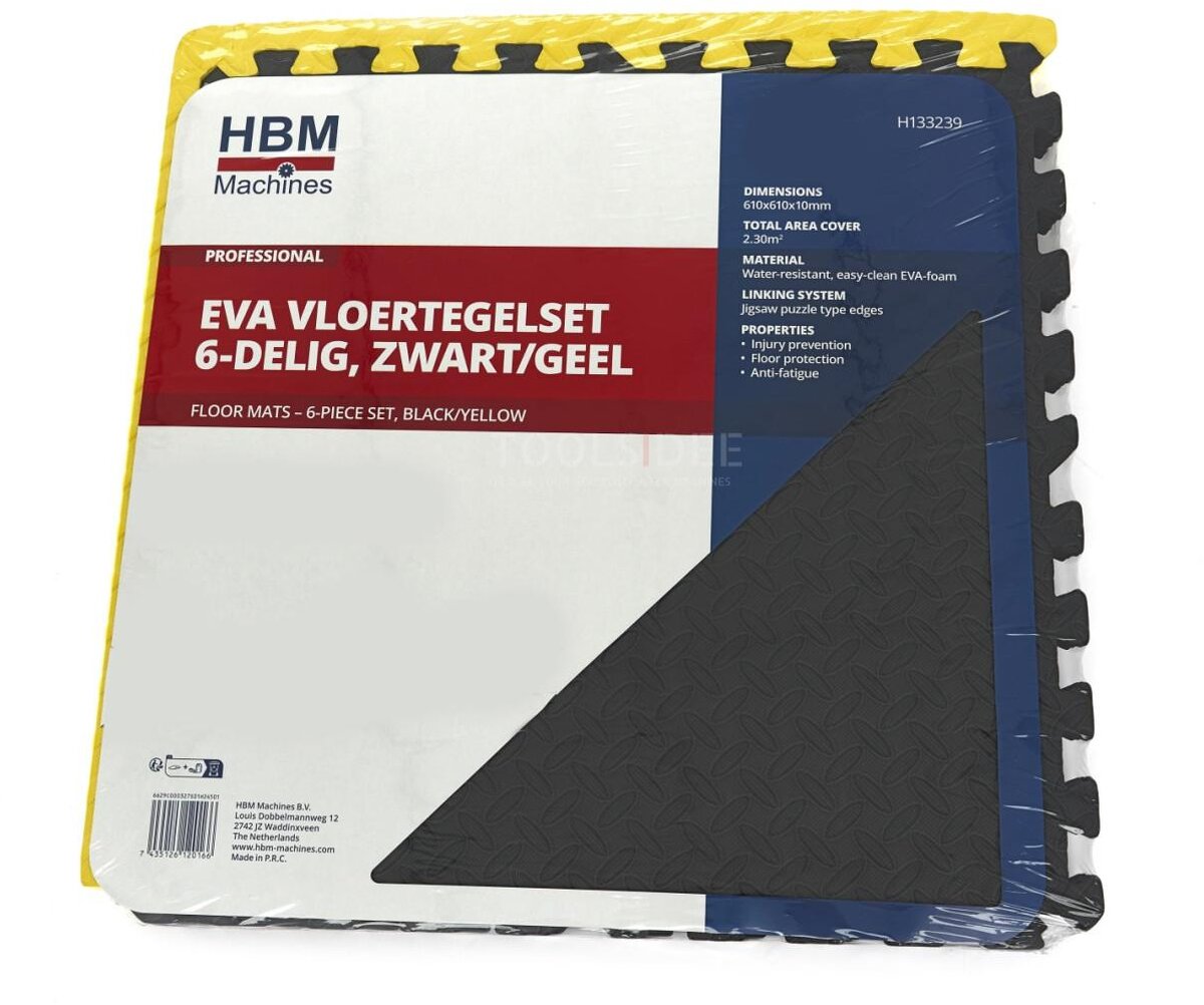 HBM EVA gulvflisesett for gulvbeskyttelse 6-delt, sort, gul 