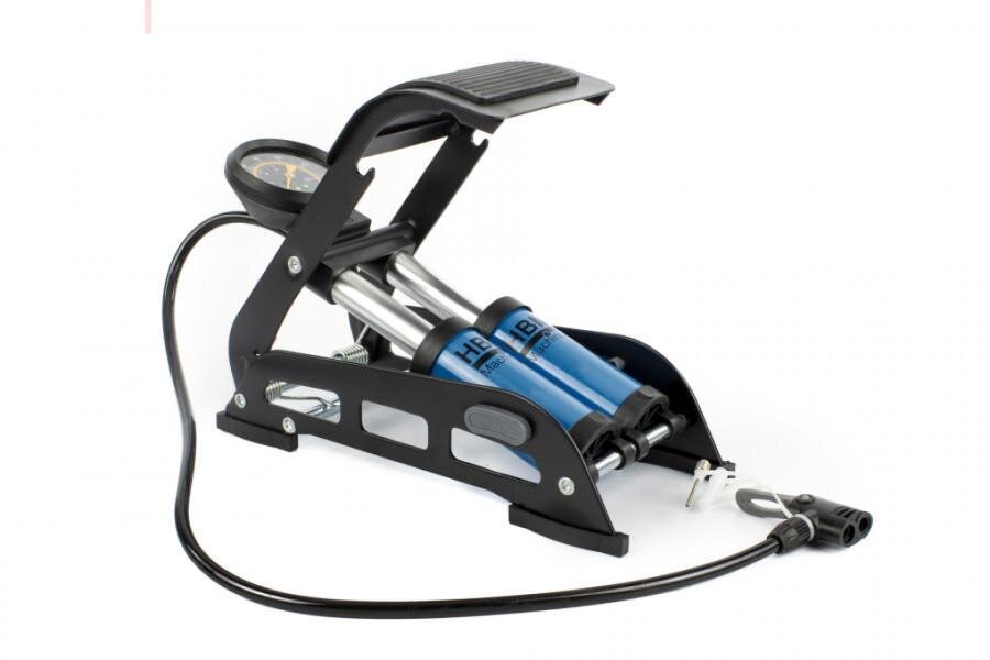 HBM professionel fodpumpe med dobbelt cylinder og manometer 9 bar.