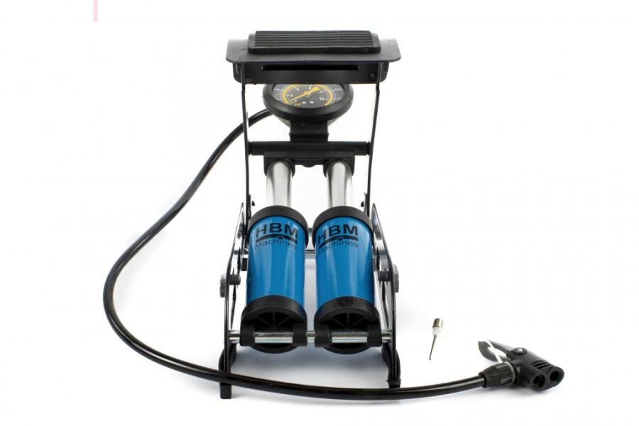 HBM professionel fodpumpe med dobbelt cylinder og manometer 9 bar.