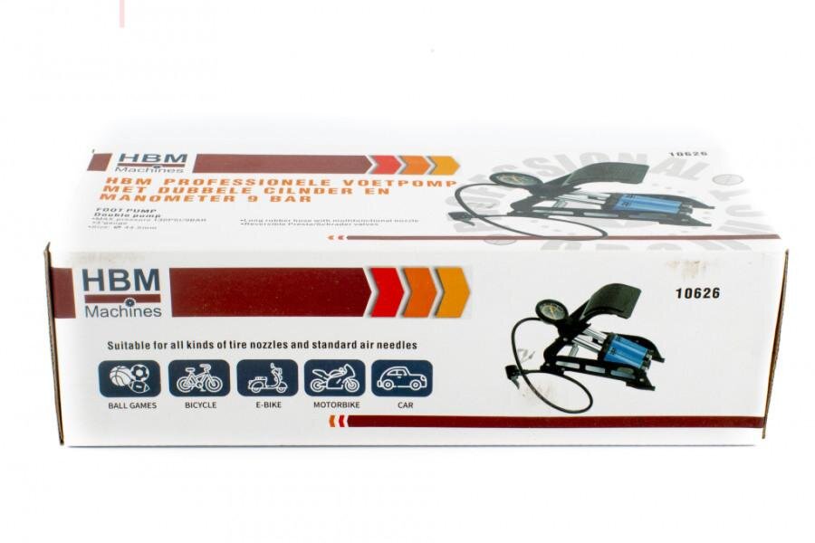 HBM professionel fodpumpe med dobbelt cylinder og manometer 9 bar.