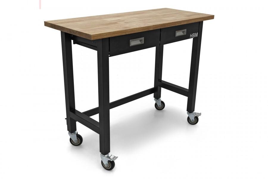 HBM Professionele 122 Cm. Verrijdbare Werkbank Met 2 Laden en Massief Houten Werkblad
