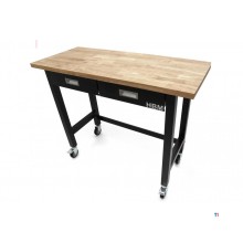 HBM Professionele 122 Cm. Verrijdbare Werkbank Met 2 Laden en Massief Houten Werkblad