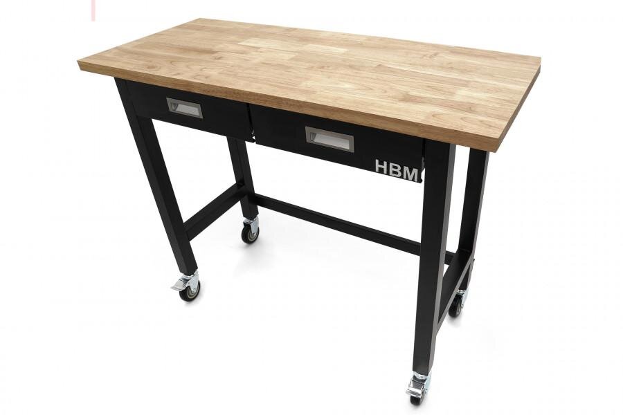 HBM Professionele 122 Cm. Verrijdbare Werkbank Met 2 Laden en Massief Houten Werkblad