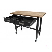 HBM Professionele 122 Cm. Verrijdbare Werkbank Met 2 Laden en Massief Houten Werkblad