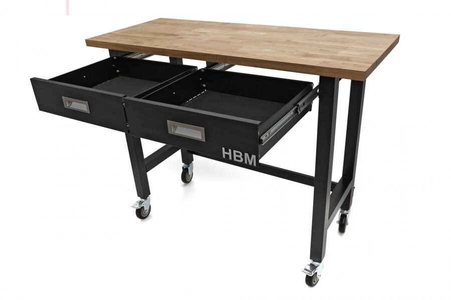 HBM Professionele 122 Cm. Verrijdbare Werkbank Met 2 Laden en Massief Houten Werkblad