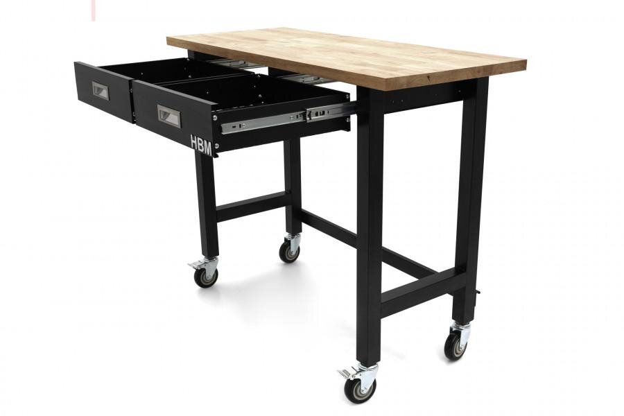 HBM Professionele 122 Cm. Verrijdbare Werkbank Met 2 Laden en Massief Houten Werkblad
