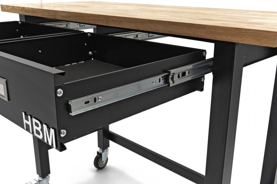 HBM Professionele 122 Cm. Verrijdbare Werkbank Met 2 Laden en Massief Houten Werkblad