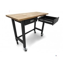 HBM Professionele 122 Cm. Verrijdbare Werkbank Met 2 Laden en Massief Houten Werkblad