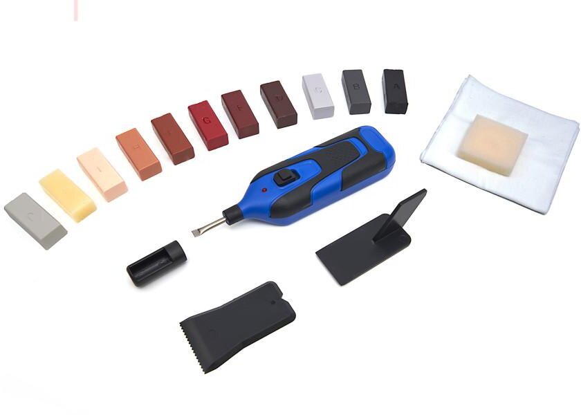 HBM 11-delers reparasjonssett for laminat - parkettgulv og møbler inkludert 11 farger og batteri