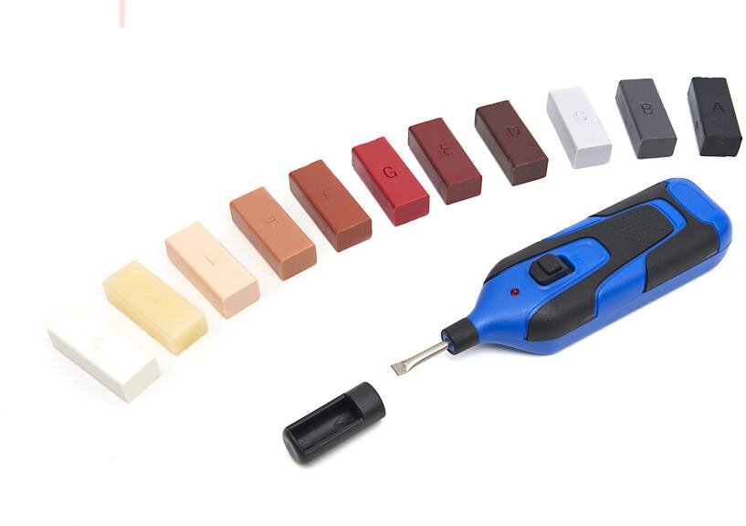 HBM 11-delers reparasjonssett for laminat - parkettgulv og møbler inkludert 11 farger og batteri