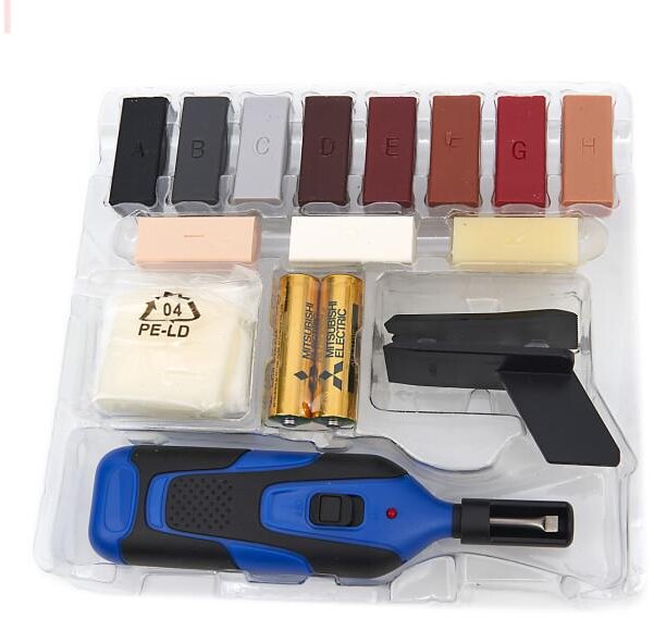 HBM 11-delers reparasjonssett for laminat - parkettgulv og møbler inkludert 11 farger og batteri